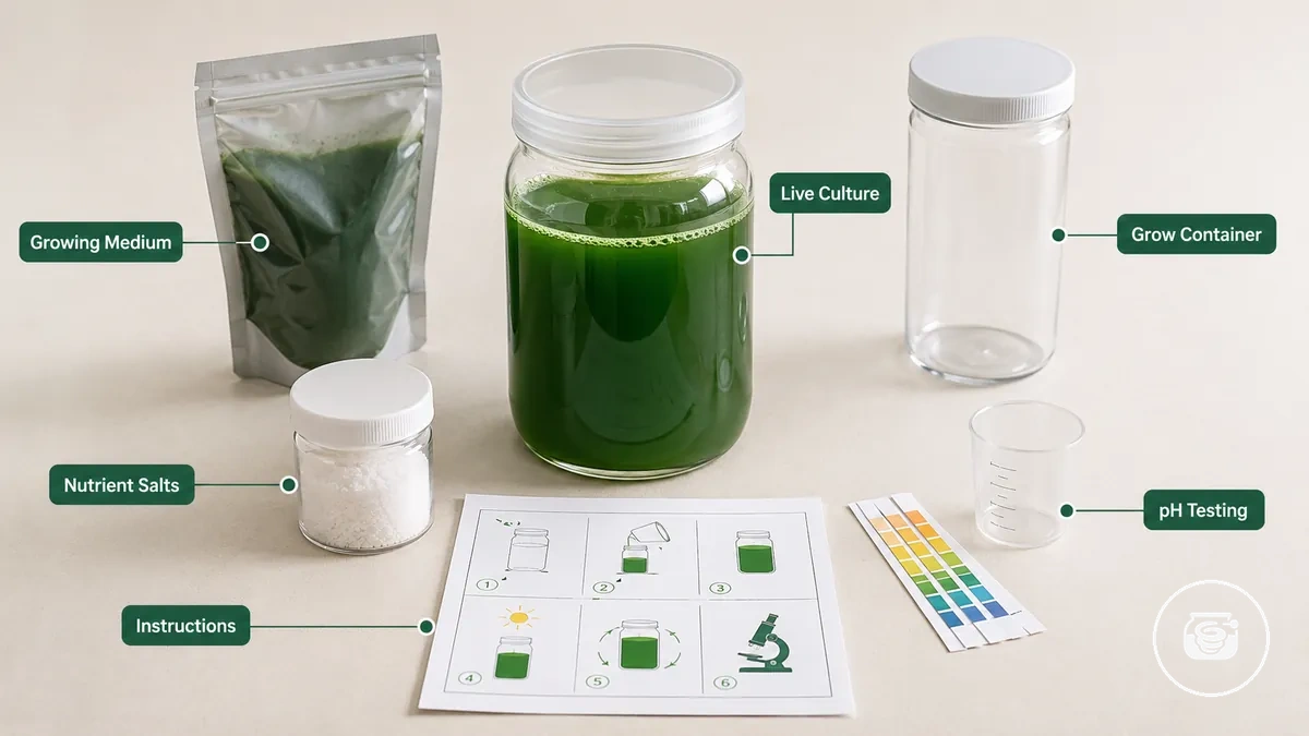 Common spirulina starter kit contents including culture, medium, container, testing supplies, and instructions
