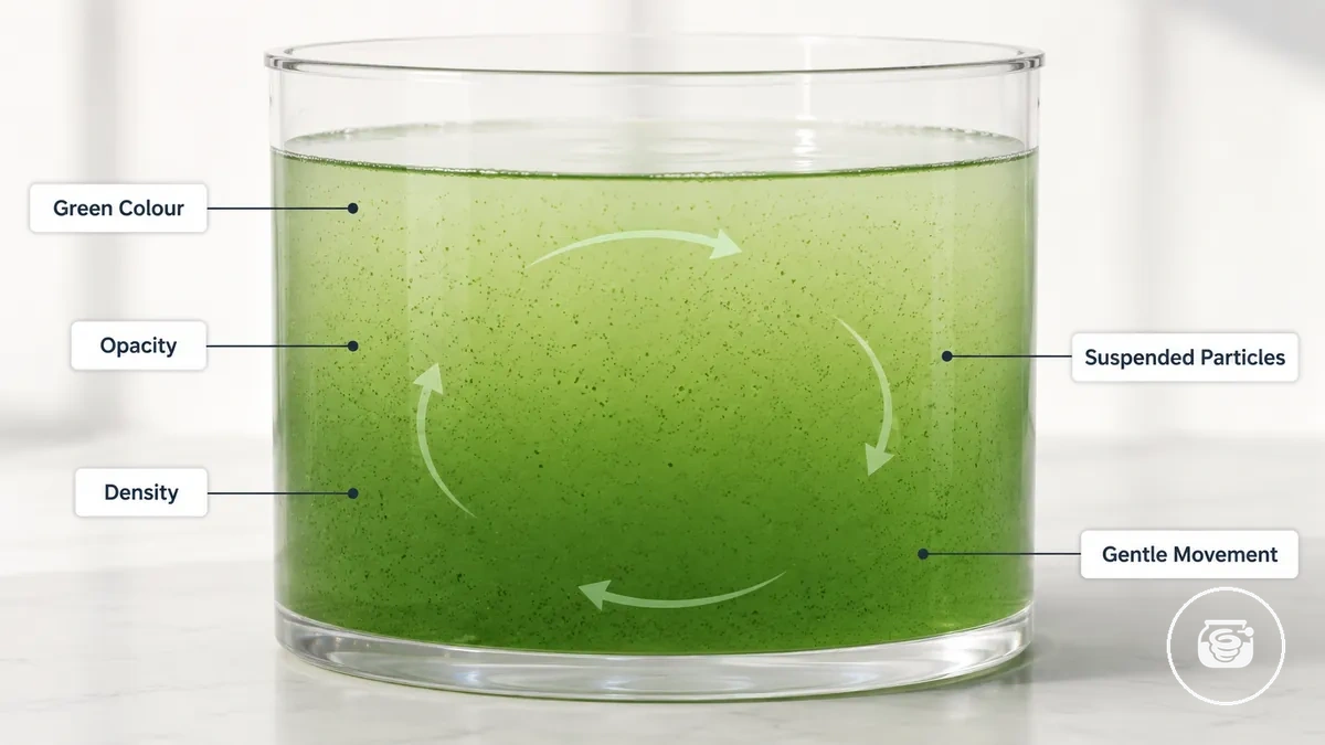 Early spirulina culture colour and density changes visible in a clear container