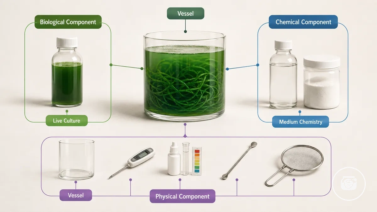 Biological, chemical and physical component groups in a home spirulina growing kit