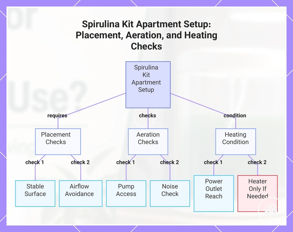 Spirulina Kit Apartment Setup: Placement, Aeration, and Heating Checks