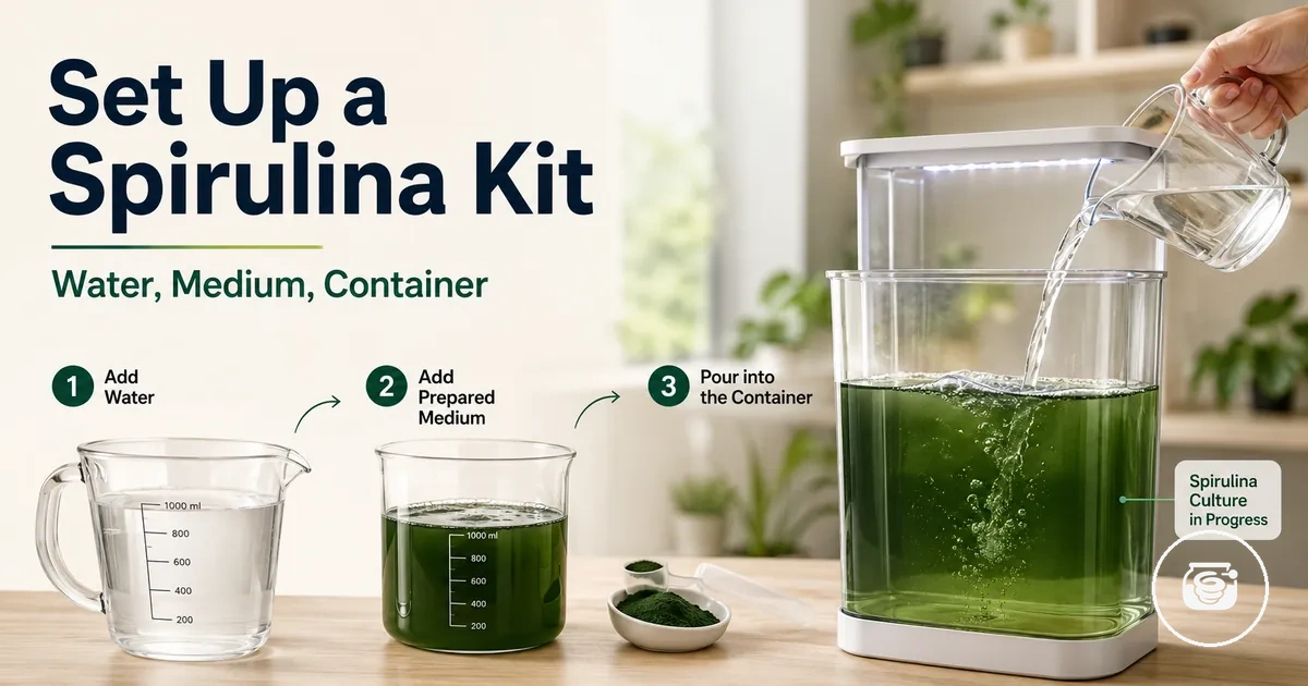 Step-by-step spirulina growing kit setup with water, culture medium, and container