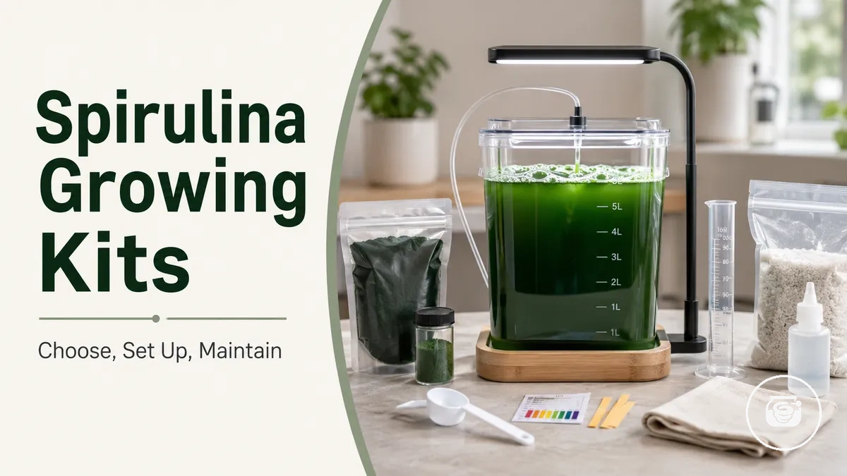 Home spirulina growing kit setup with culture container, light, and basic growing supplies