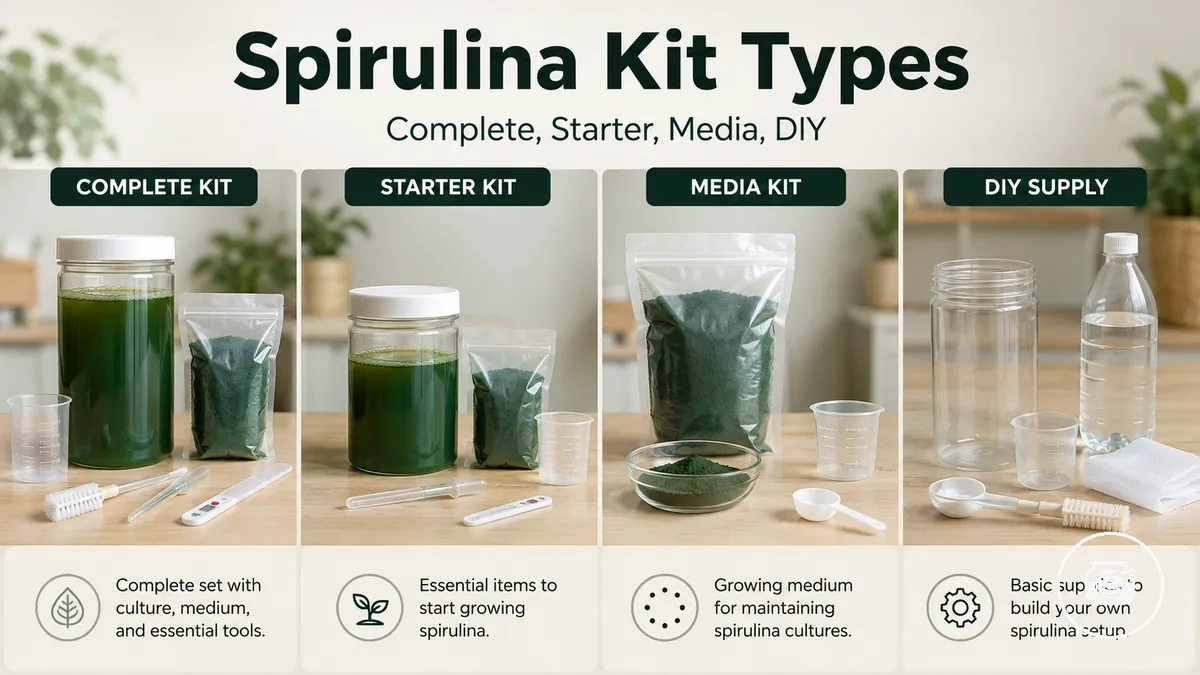 Different spirulina growing kit types shown as complete, starter, media, and DIY supply layouts