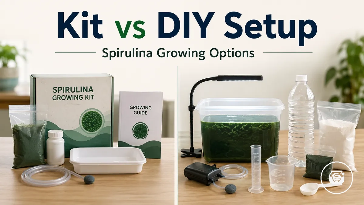 Side-by-side comparison of a packaged spirulina growing kit and a DIY spirulina setup