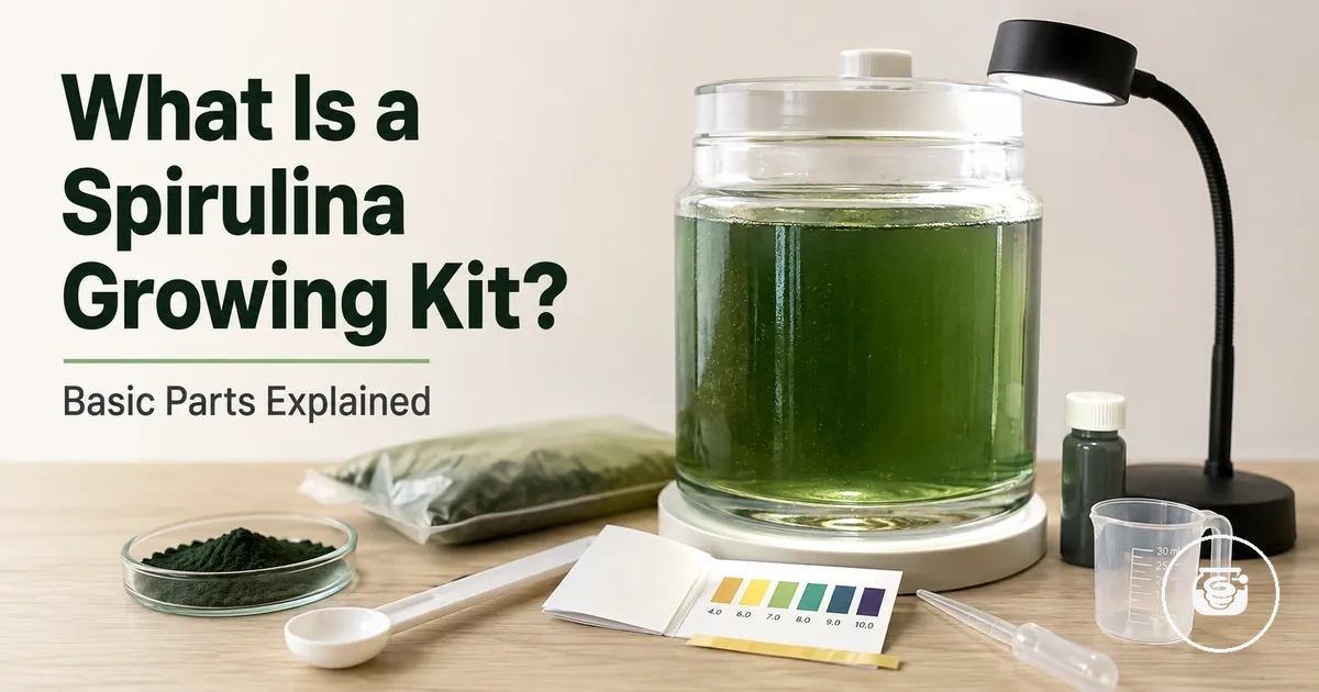 Basic spirulina growing kit parts arranged beside a clear culture container