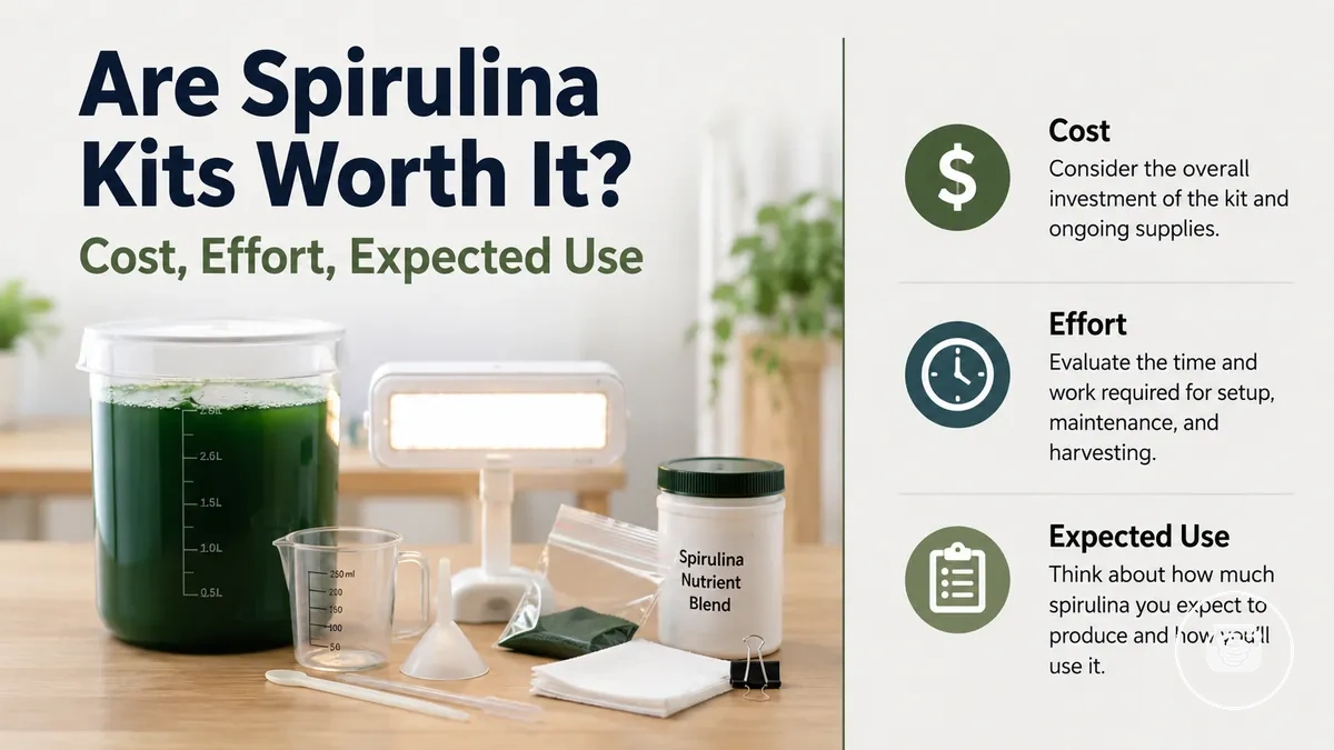 Spirulina growing kit supplies arranged with a checklist for cost, effort, and expected use