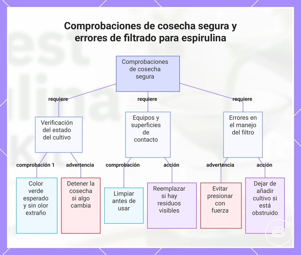 Comprobaciones de cosecha segura y errores de filtrado para espirulina