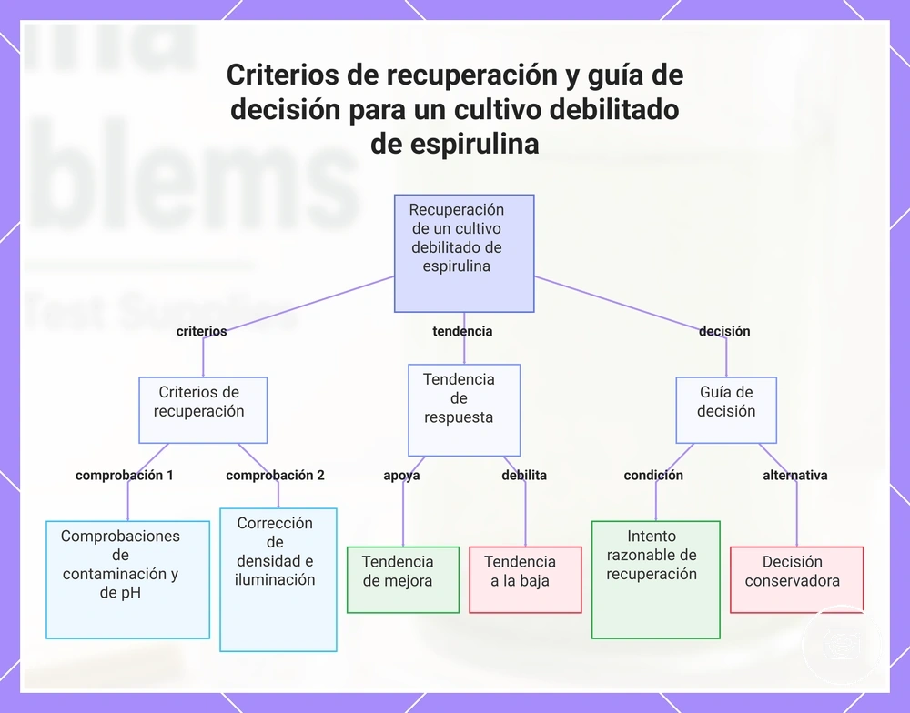 Criterios de recuperación y guía de decisión para un cultivo debilitado de espirulina