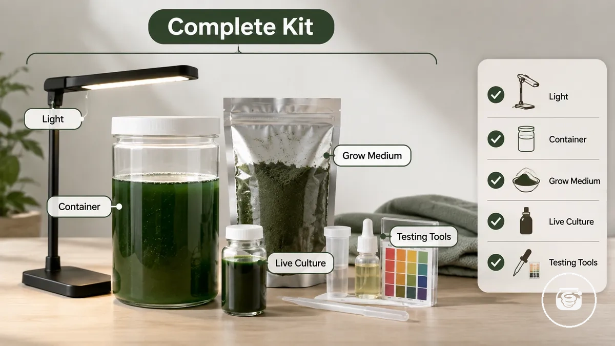 Suministros de un kit completo de cultivo de espirulina organizados para verificar los suministros faltantes