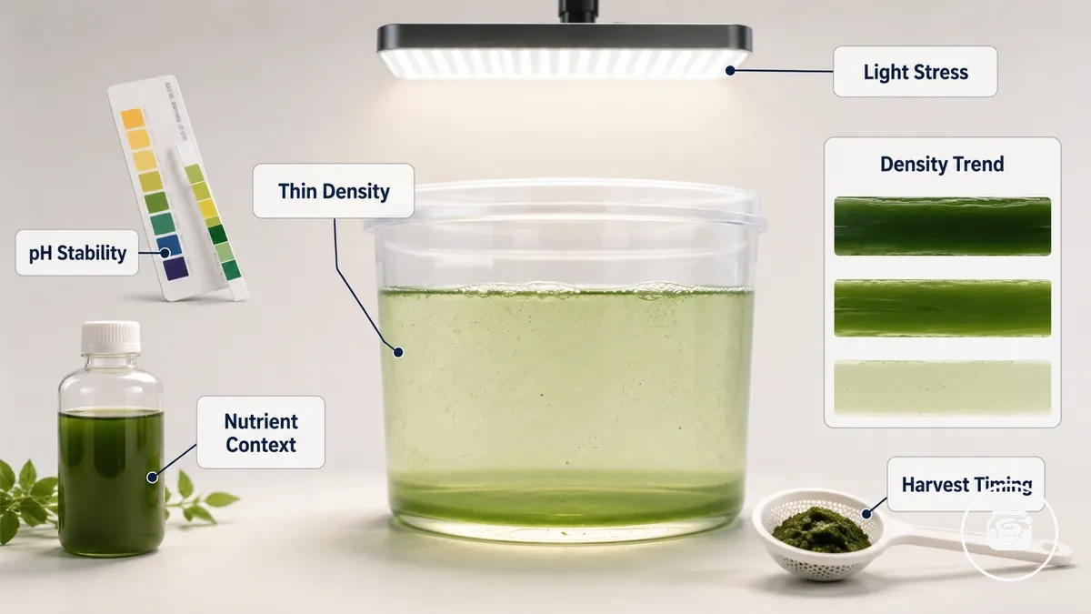 Baja densidad de cultivo de espirulina en un recipiente de cultivo doméstico transparente