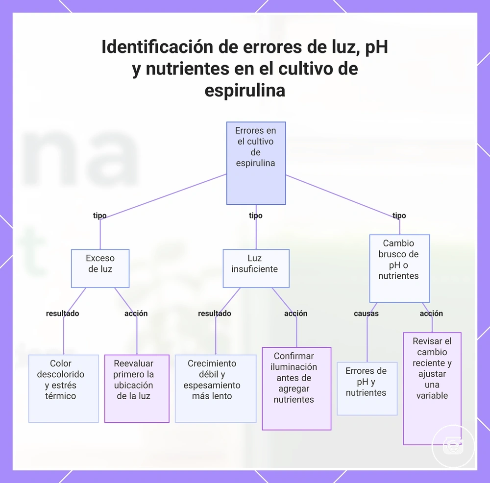 Identificación de errores de luz, pH y nutrientes en el cultivo de espirulina