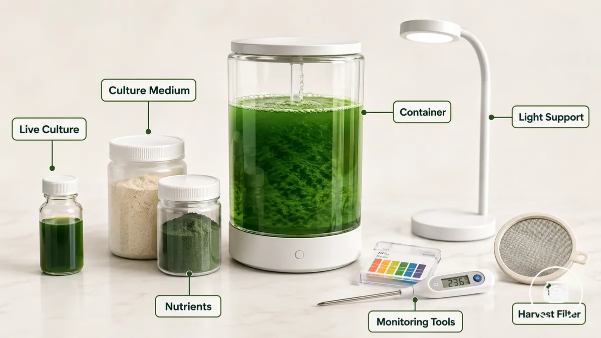 Kit de cultivo de espirulina casero con cultivo vivo, medio de cultivo, nutrientes, recipiente, herramientas de monitoreo y filtro de cosecha
