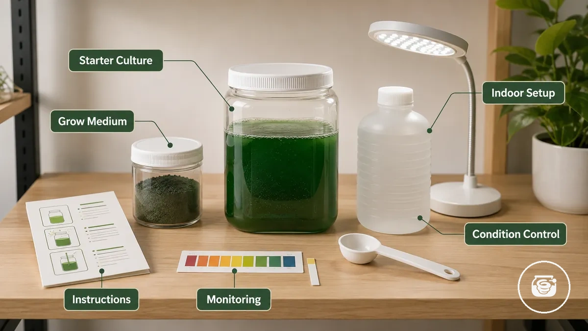 Kit de cultivo de espirulina adecuado para principiantes con cultivo iniciador, medio de crecimiento, instrucciones y suministros de cultivo de interior