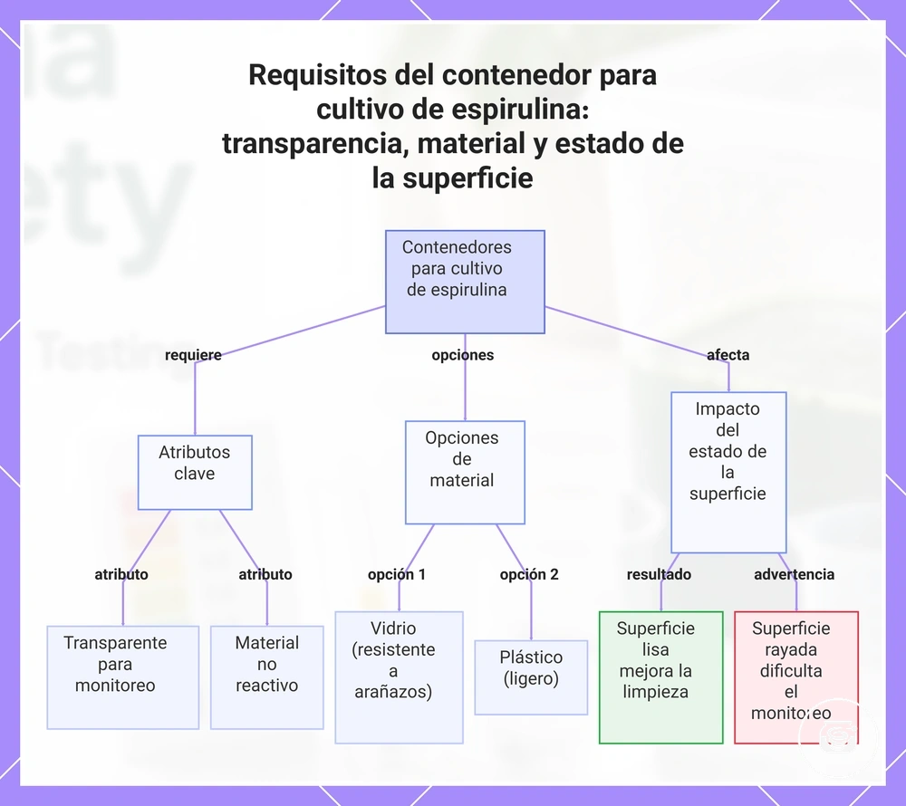 Requisitos del contenedor para cultivo de espirulina: transparencia, material y estado de la superficie