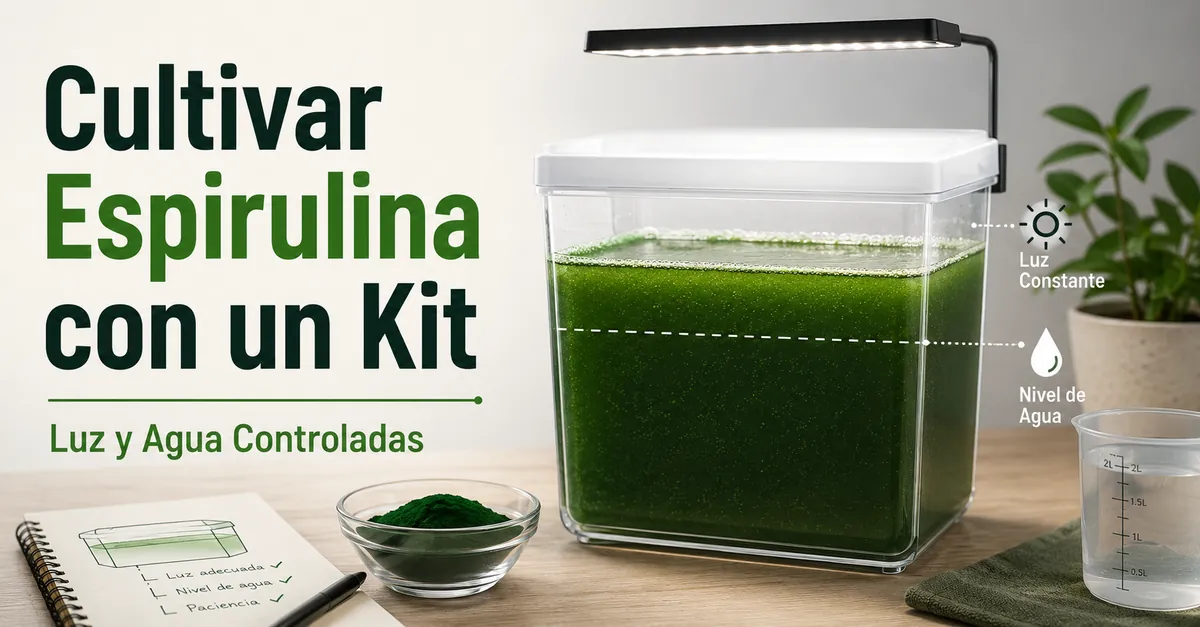 Espirulina creciendo en un recipiente transparente con luz y condiciones del agua controladas