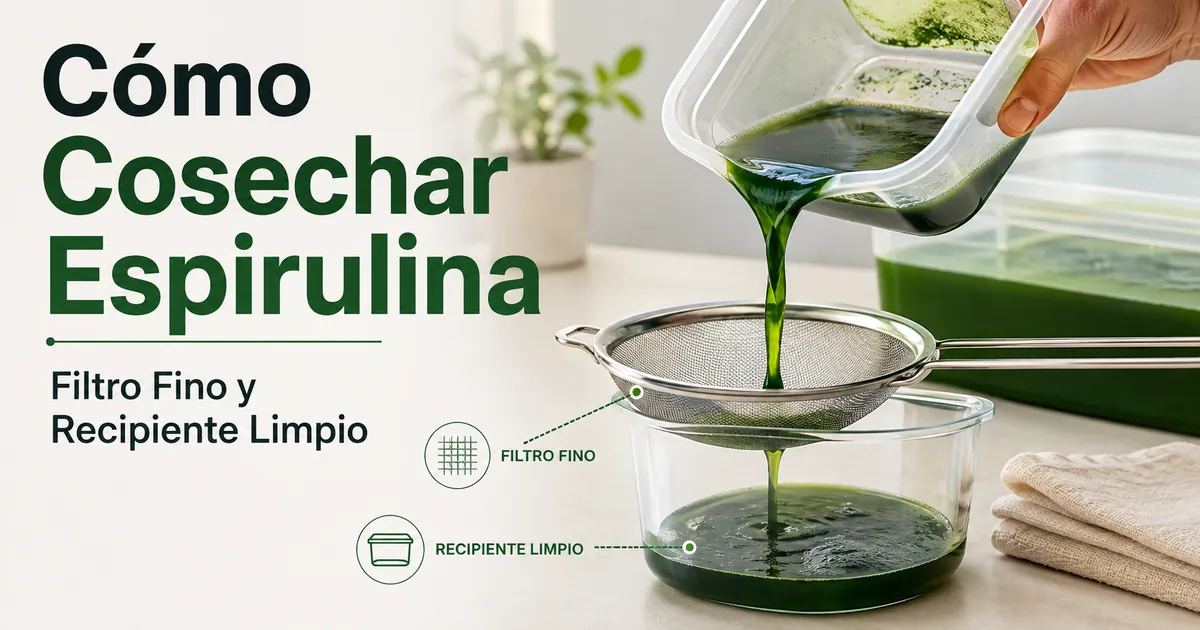 Cosecha de espirulina de un kit doméstico con un filtro fino y un recipiente limpio