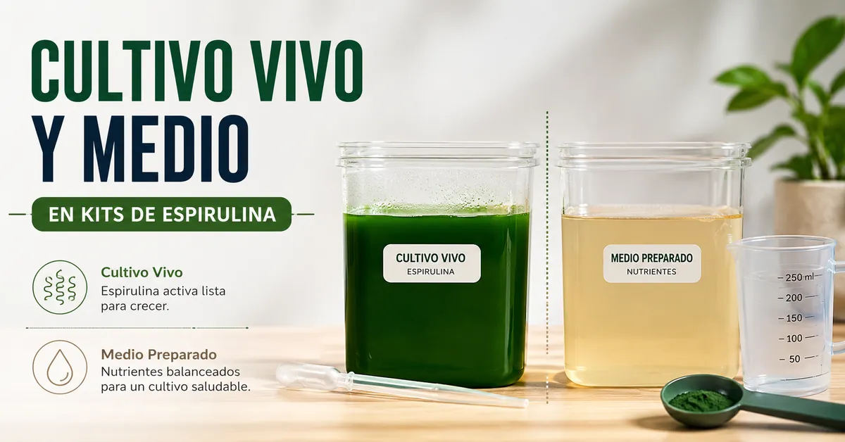 Cultivo vivo de espirulina y medio de crecimiento preparados para un kit doméstico
