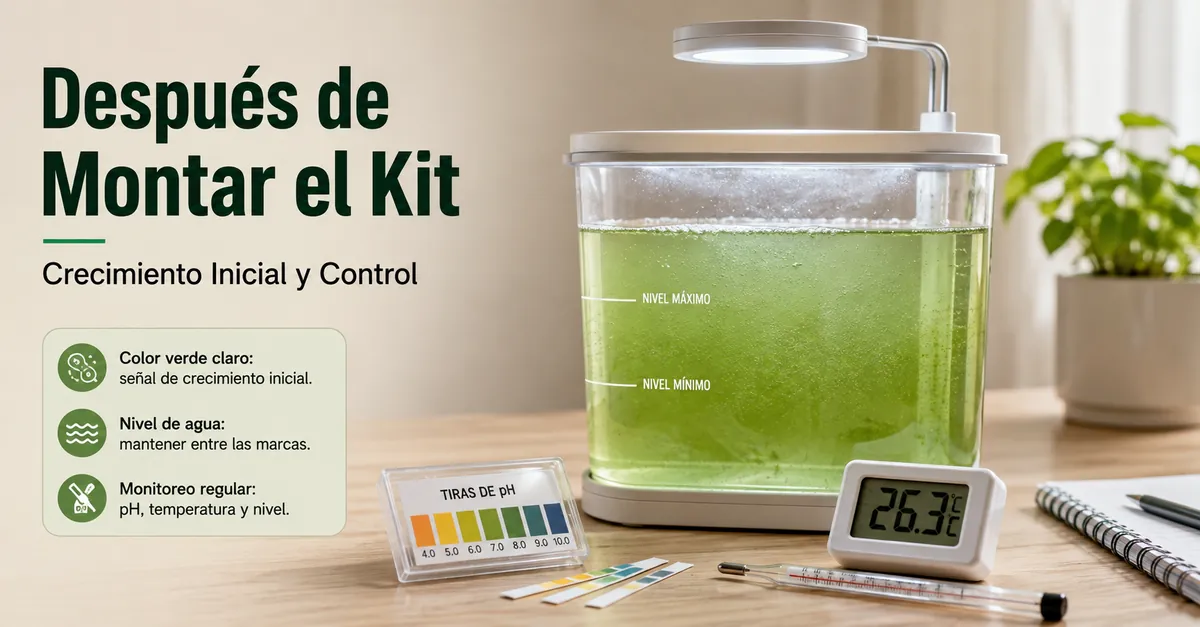 Kit doméstico de cultivo de espirulina tras el montaje con crecimiento inicial y herramientas de control