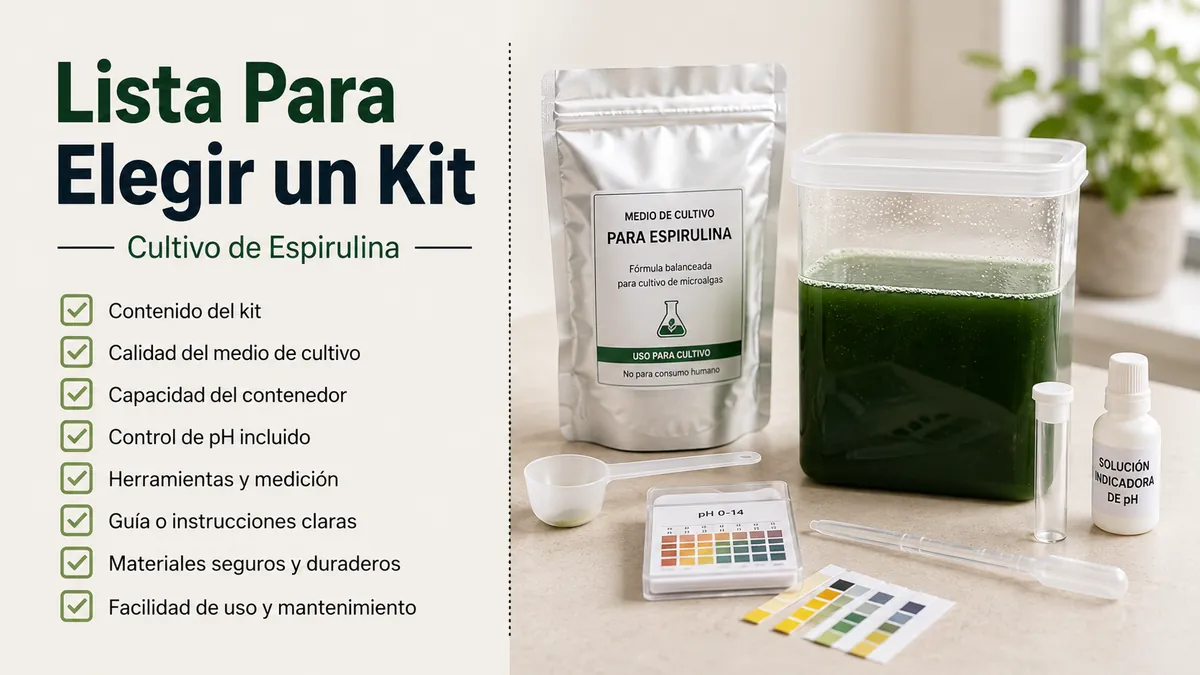Lista de compra de un kit de cultivo de espirulina junto al medio, el recipiente y los materiales de prueba