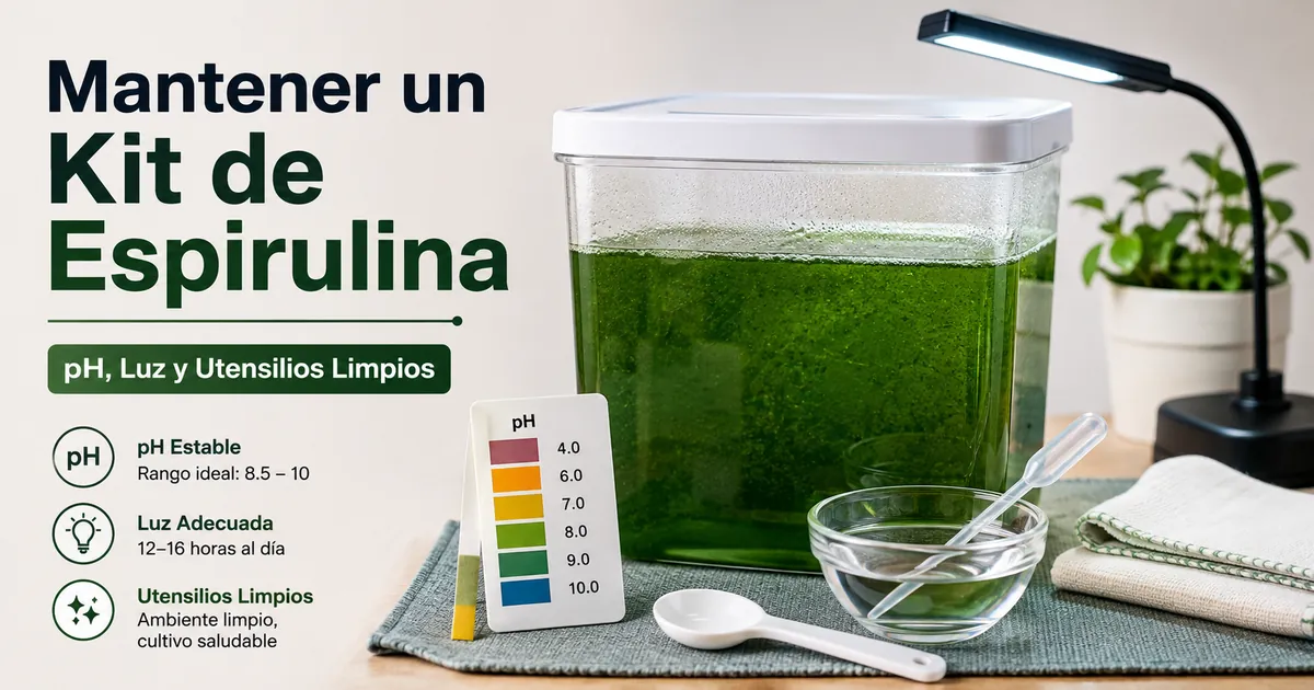 Mantenimiento de un kit de cultivo de espirulina con control de pH, luz y utensilios limpios