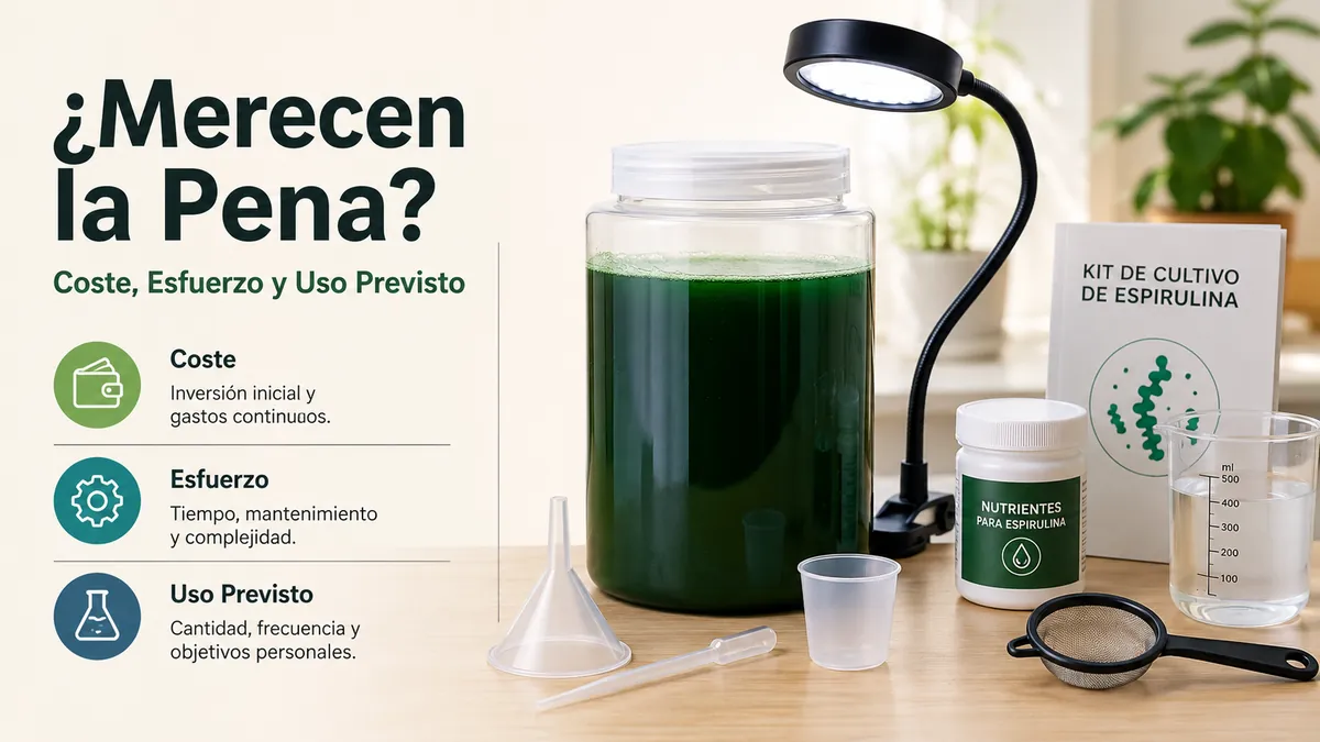 Suministros de un kit de cultivo de espirulina junto a una lista de costes, esfuerzo y uso previsto
