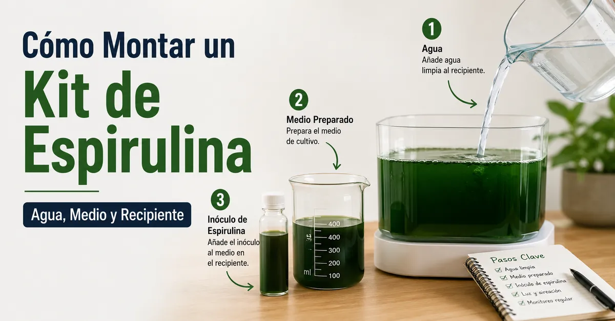 Montaje paso a paso de un kit de cultivo de espirulina con agua, medio de cultivo y recipiente