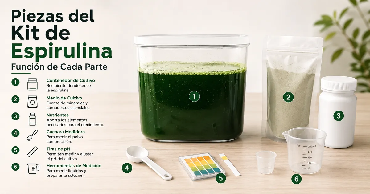 Piezas de un kit de cultivo de espirulina con recipiente, medio, nutrientes e instrumentos de medición