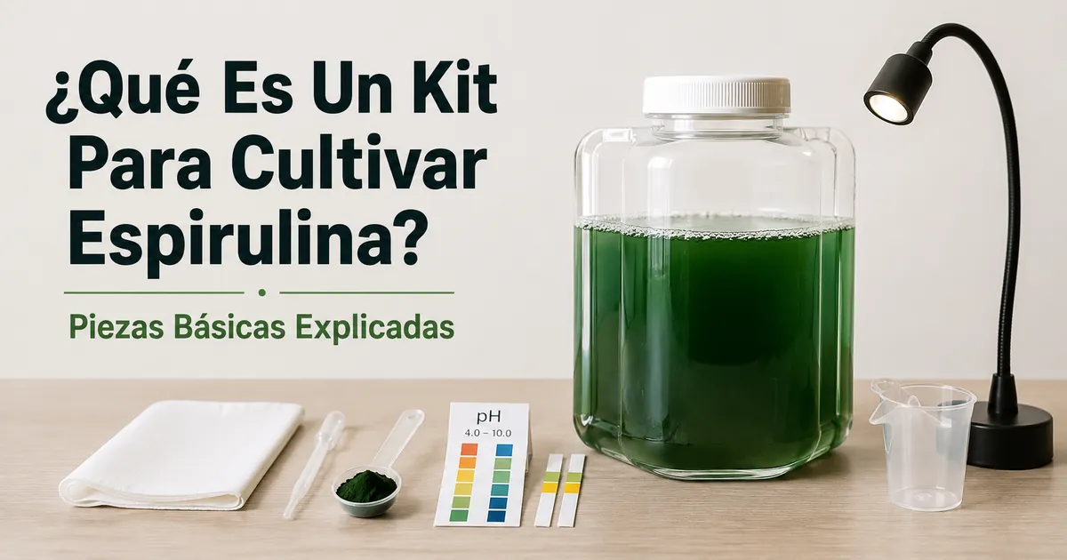Piezas básicas de un kit para cultivar espirulina junto a un recipiente transparente