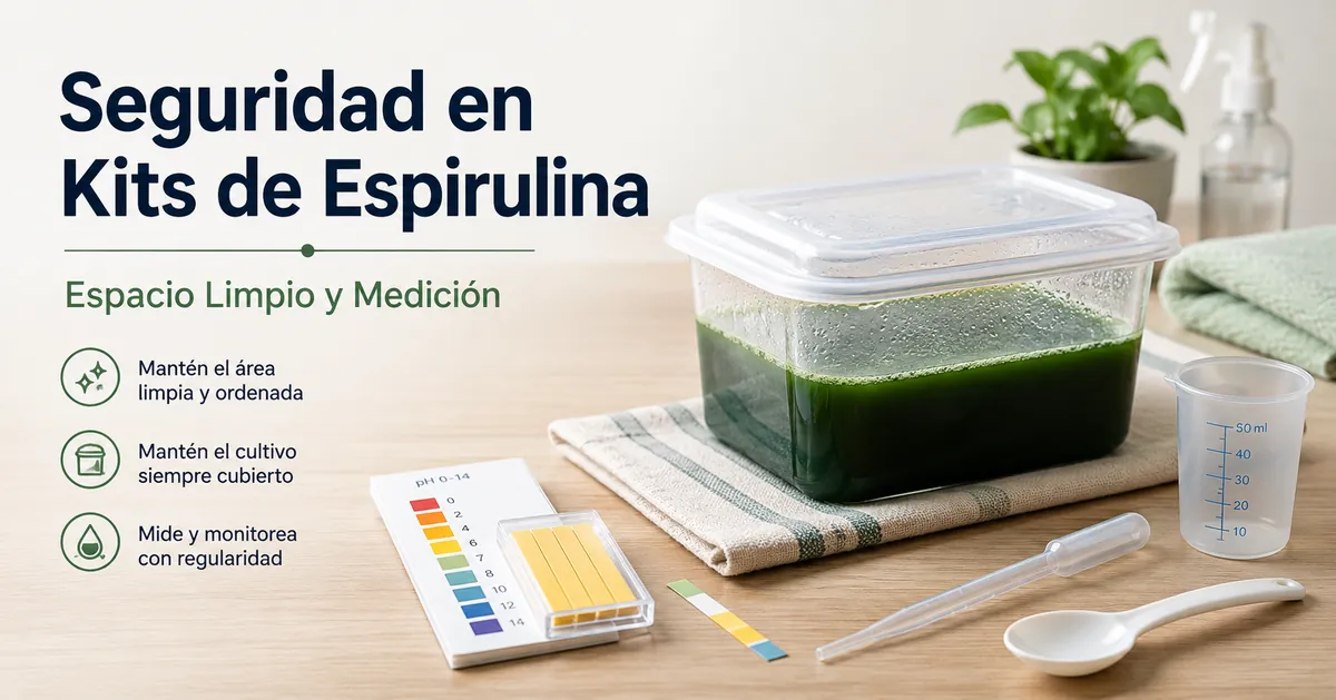 Zona limpia de cultivo de espirulina con recipiente tapado y materiales de medición