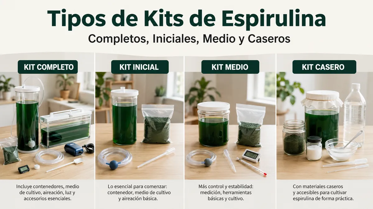Distintos tipos de kits de cultivo de espirulina completos, iniciales, de medio y caseros
