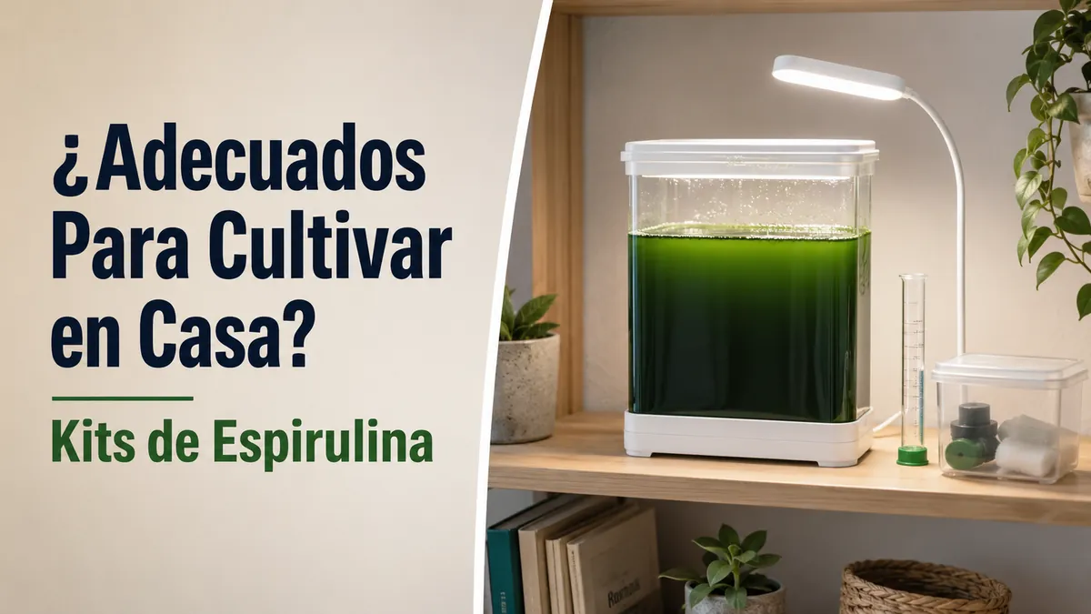 Kit compacto para cultivar espirulina en casa colocado en una estantería con iluminación