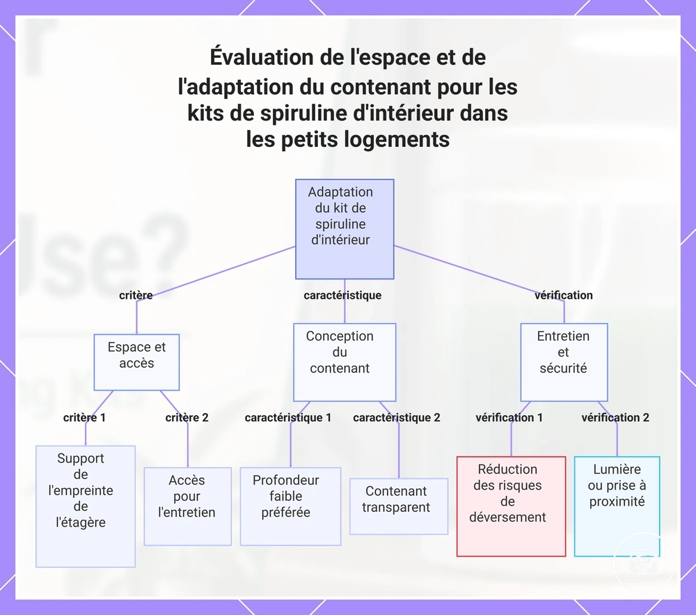 Évaluation de l'espace et de l'adaptation du contenant pour les kits de spiruline d'intérieur dans les petits logements