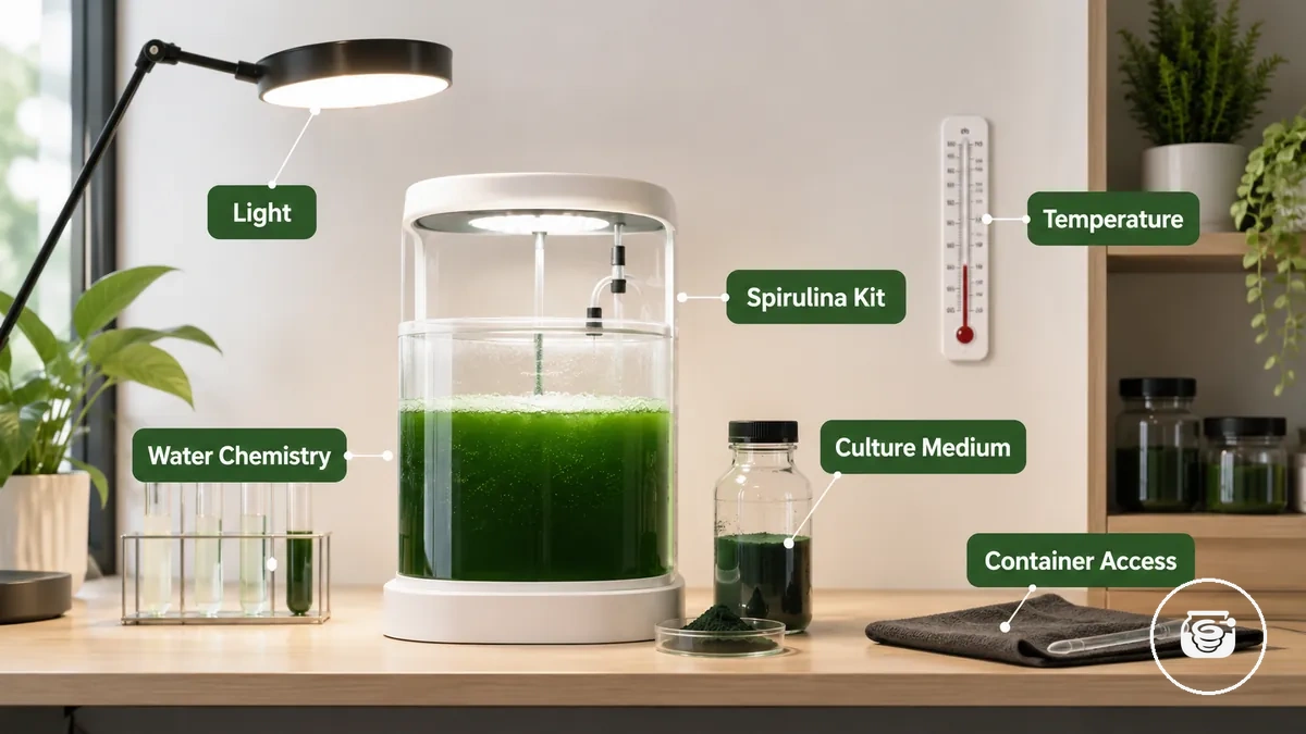 Kit de culture de spiruline pour intérieur annoté montrant la lumière, la température, la chimie de l eau et l accès au récipient