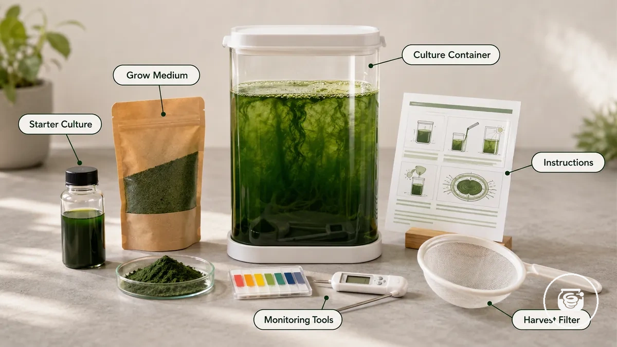 Kit de culture de spiruline à domicile avec culture de démarrage, milieu de culture, contenant de culture et outils de suivi