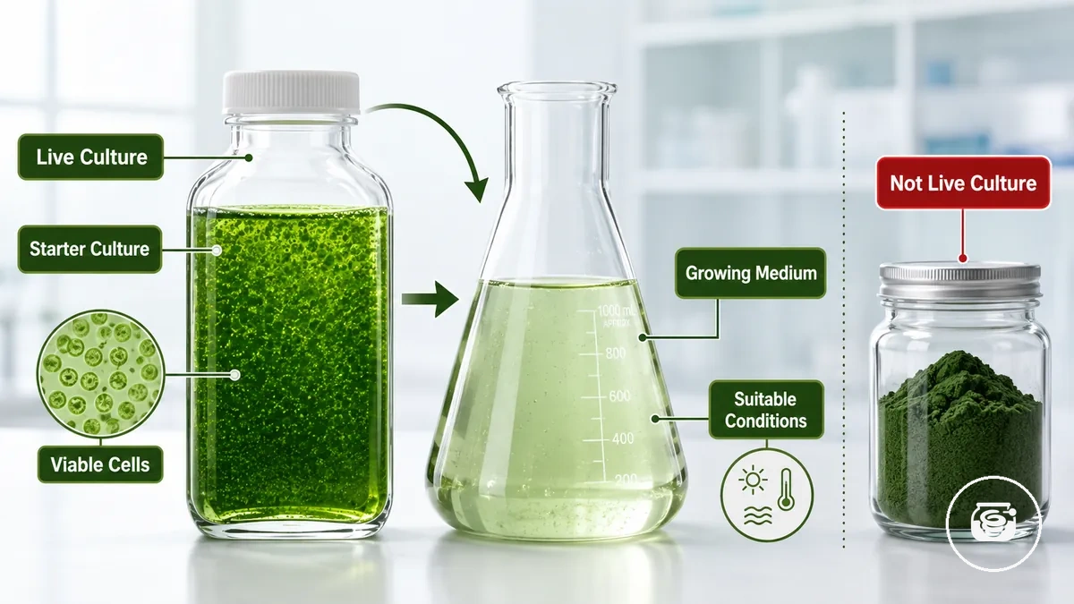 Culture de démarrage vivante de spiruline dans un contenant transparent