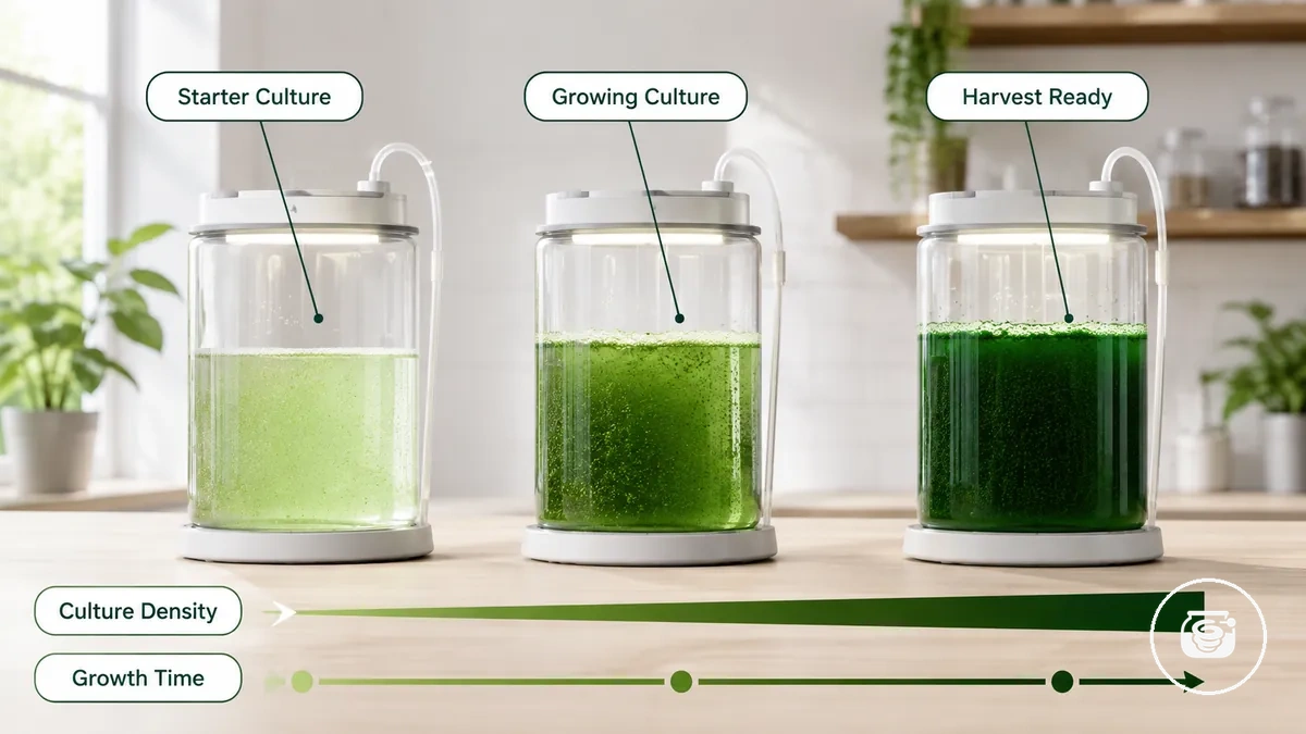 Kit de culture de spiruline domestique montrant la densité de la culture avant la maturité de récolte