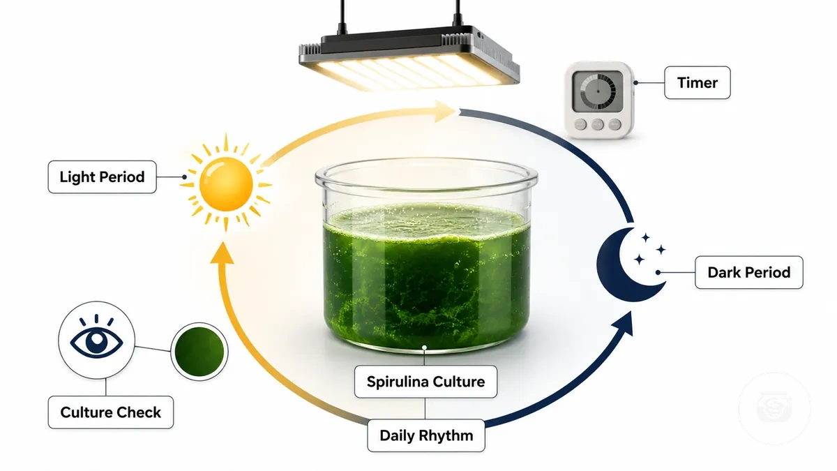 Rythme lumineux jour-nuit pour une culture de spiruline d'intérieur avec minuteur et source lumineuse