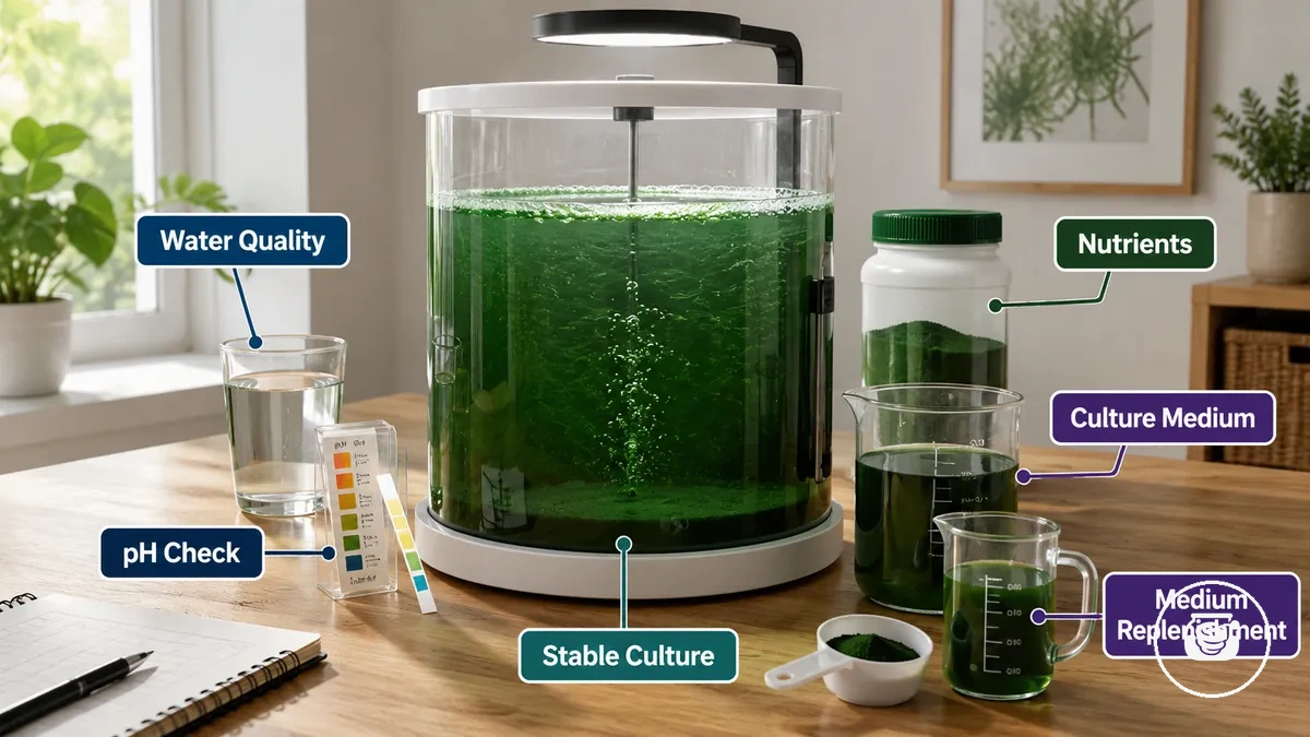 Récipient de culture de spiruline avec des éléments de contrôle du pH, des nutriments et de l eau sur une surface intérieure propre