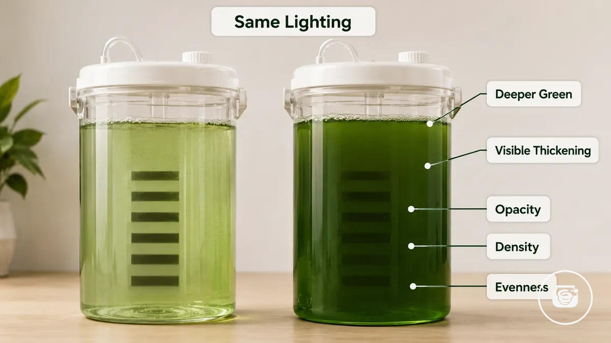 Épaississement visible et couleur verte plus foncée dans un kit de culture de spiruline domestique