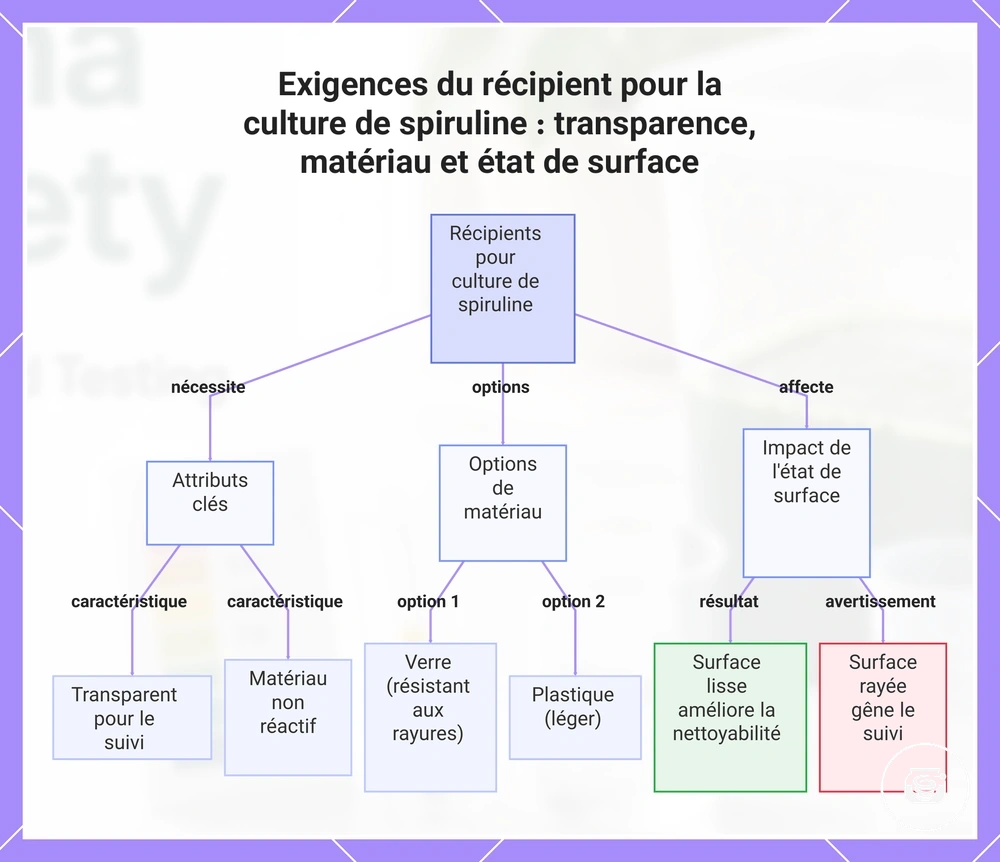Exigences du récipient pour la culture de spiruline : transparence, matériau et état de surface