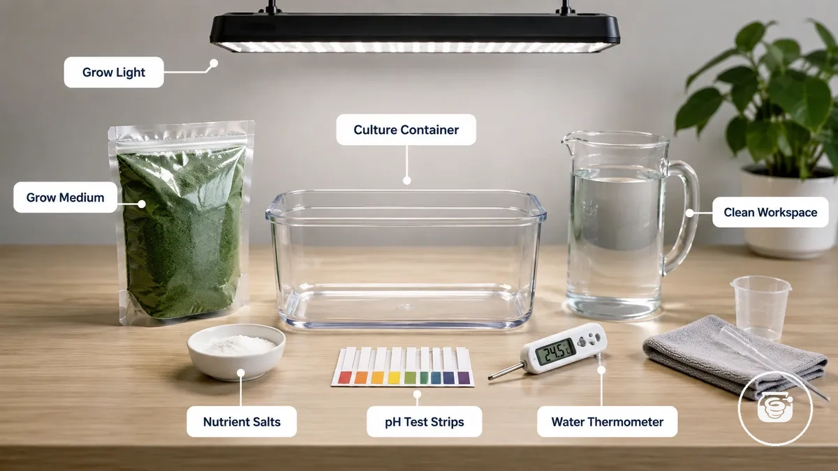 Exigences de pré-installation pour un kit de culture de spiruline montrées avec les éléments pertinents du kit