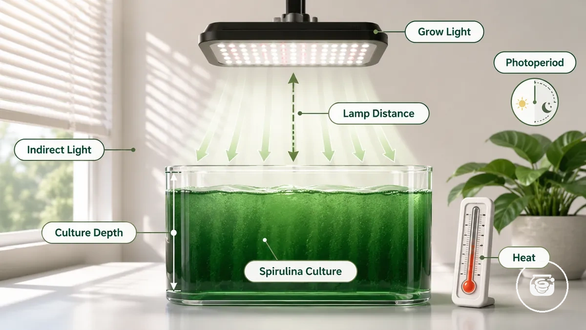 Kit de spiruline d'intérieur sous une lampe de culture montrant la distance de la lampe et l'exposition du contenant de culture