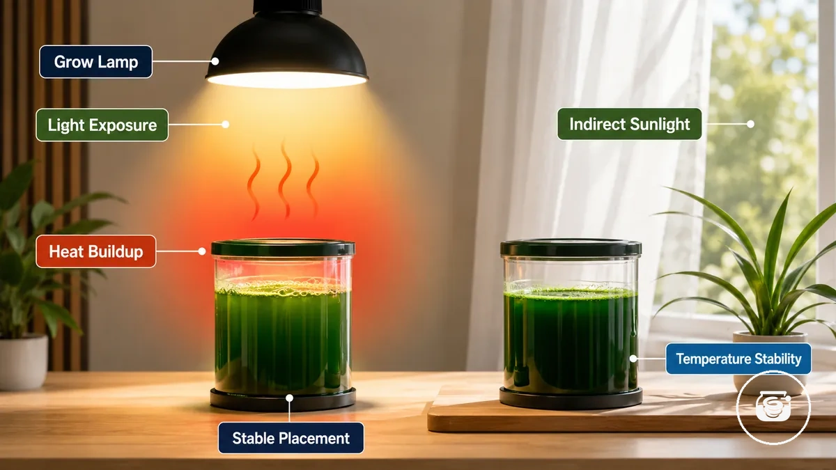 Récipient de spiruline pour intérieur sous une lumière avec des indicateurs de stabilité de la température et de risque de surchauffe