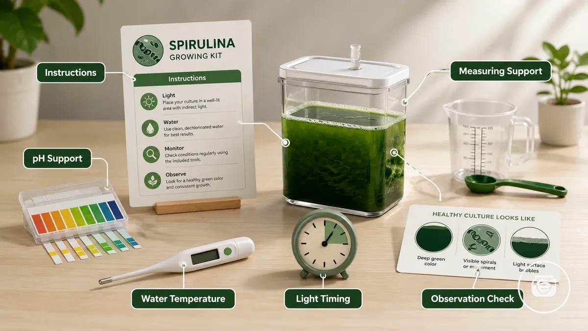 Instructions, outils de mesure et bases du suivi inclus dans un kit de culture de spiruline pour débutants