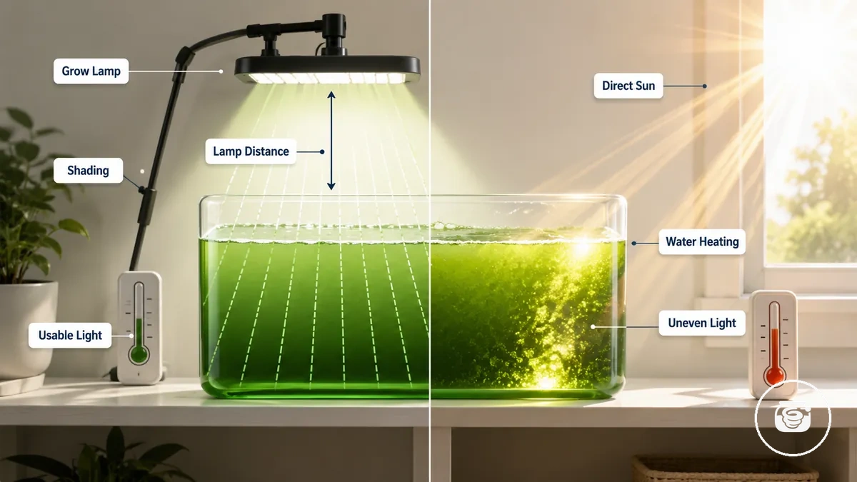 Distance de la lampe de culture et limites de la lumière directe du soleil pour un contenant de culture de spiruline d'intérieur