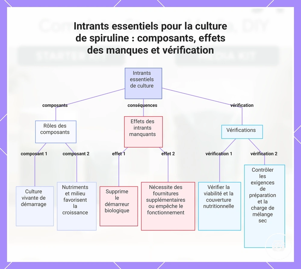 Intrants essentiels pour la culture de spiruline : composants, effets des manques et vérification