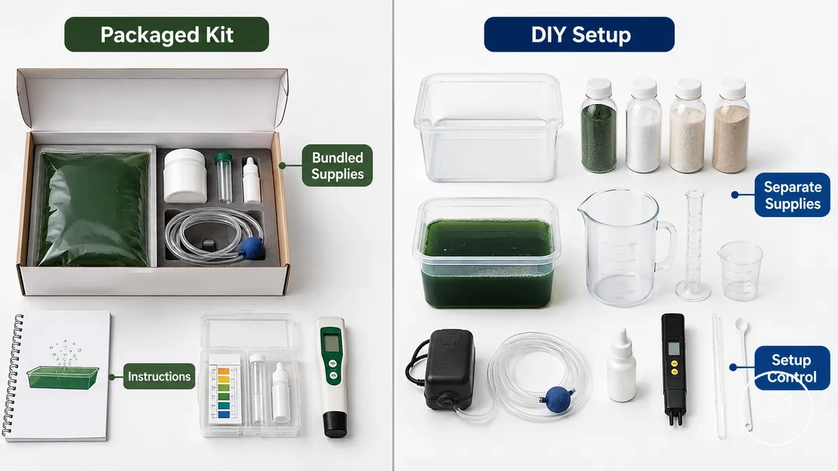 Kit de spiruline conditionné et installation DIY de spiruline comparés par les fournitures incluses et approvisionnées séparément