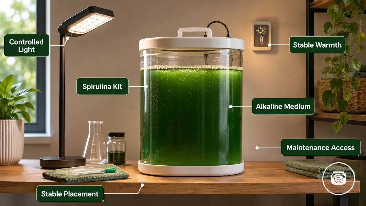 Kit de culture de spiruline pour intérieur placé près d une source lumineuse sur une surface domestique stable