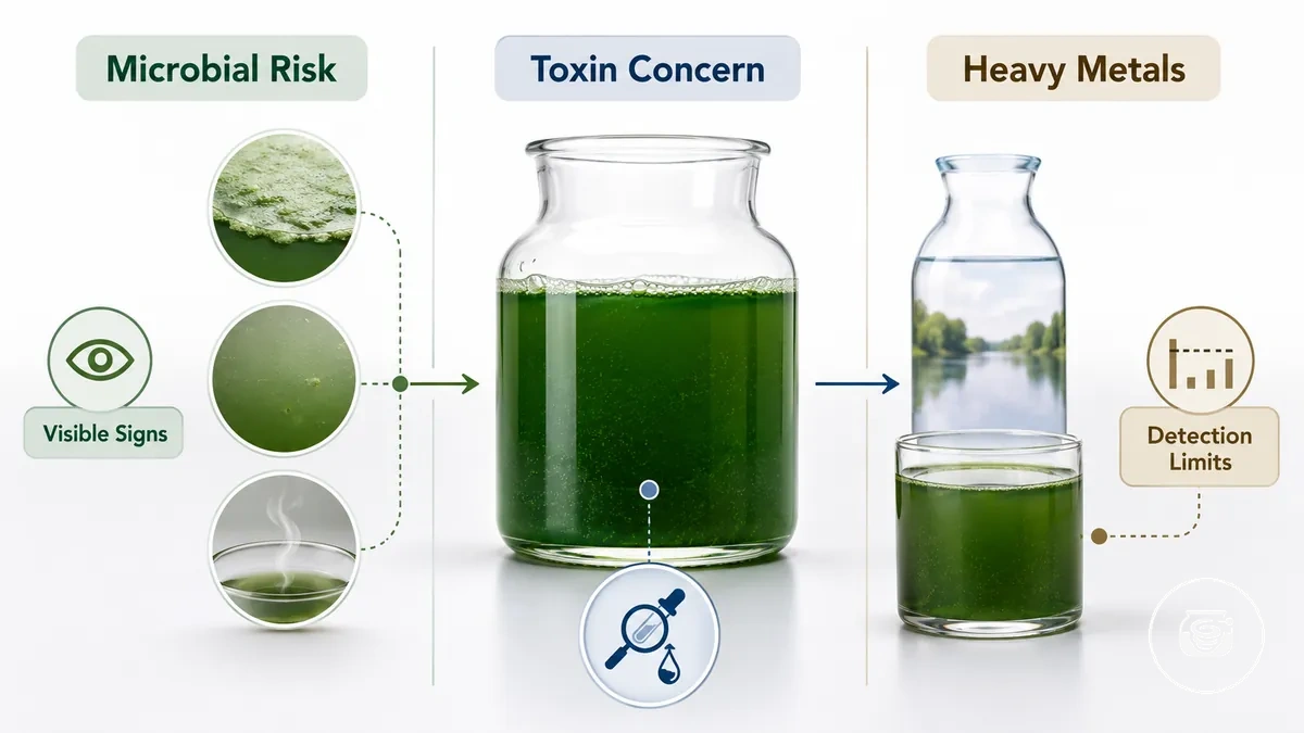Graphique comparatif montrant les limites des risques microbiens, de toxines et de métaux lourds dans une culture de spiruline à domicile