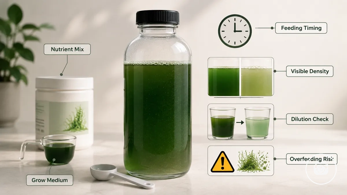 Exemple annoté montrant un mélange de nutriments, un milieu de culture, un flacon de culture, un outil de mesure et une densité de culture visible pendant la croissance de la spiruline